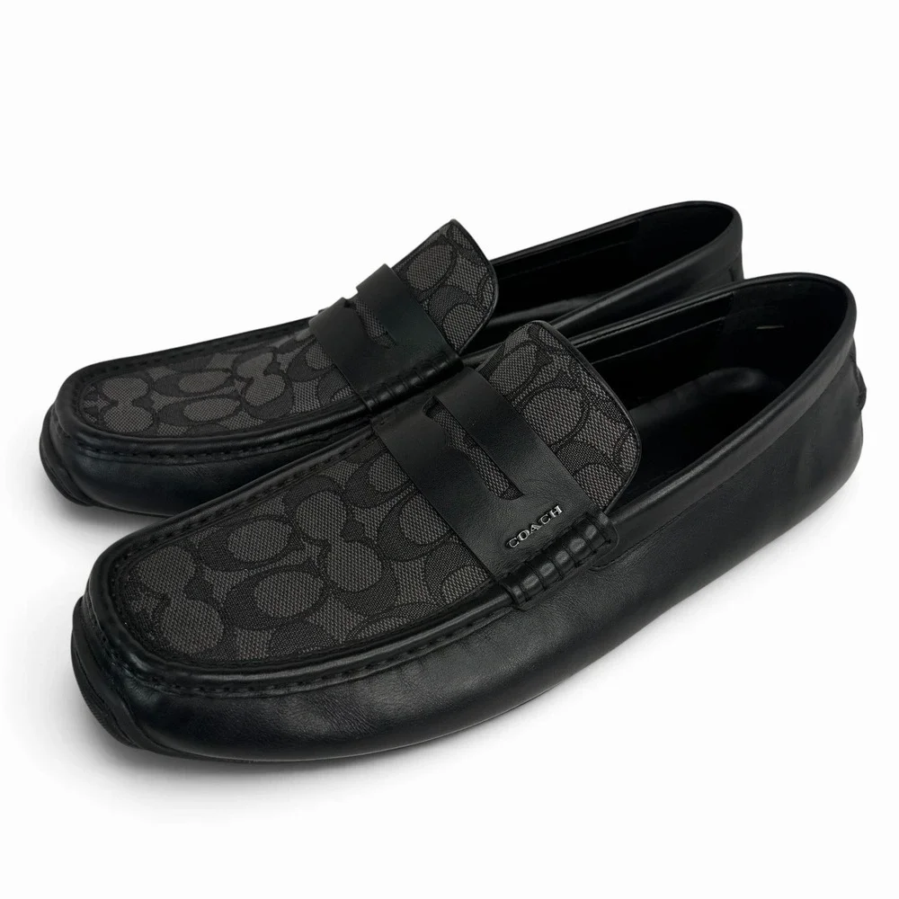 Coach Liam Driver Black Leather Loafers with Jacquard Logo Print Size 11.5 US